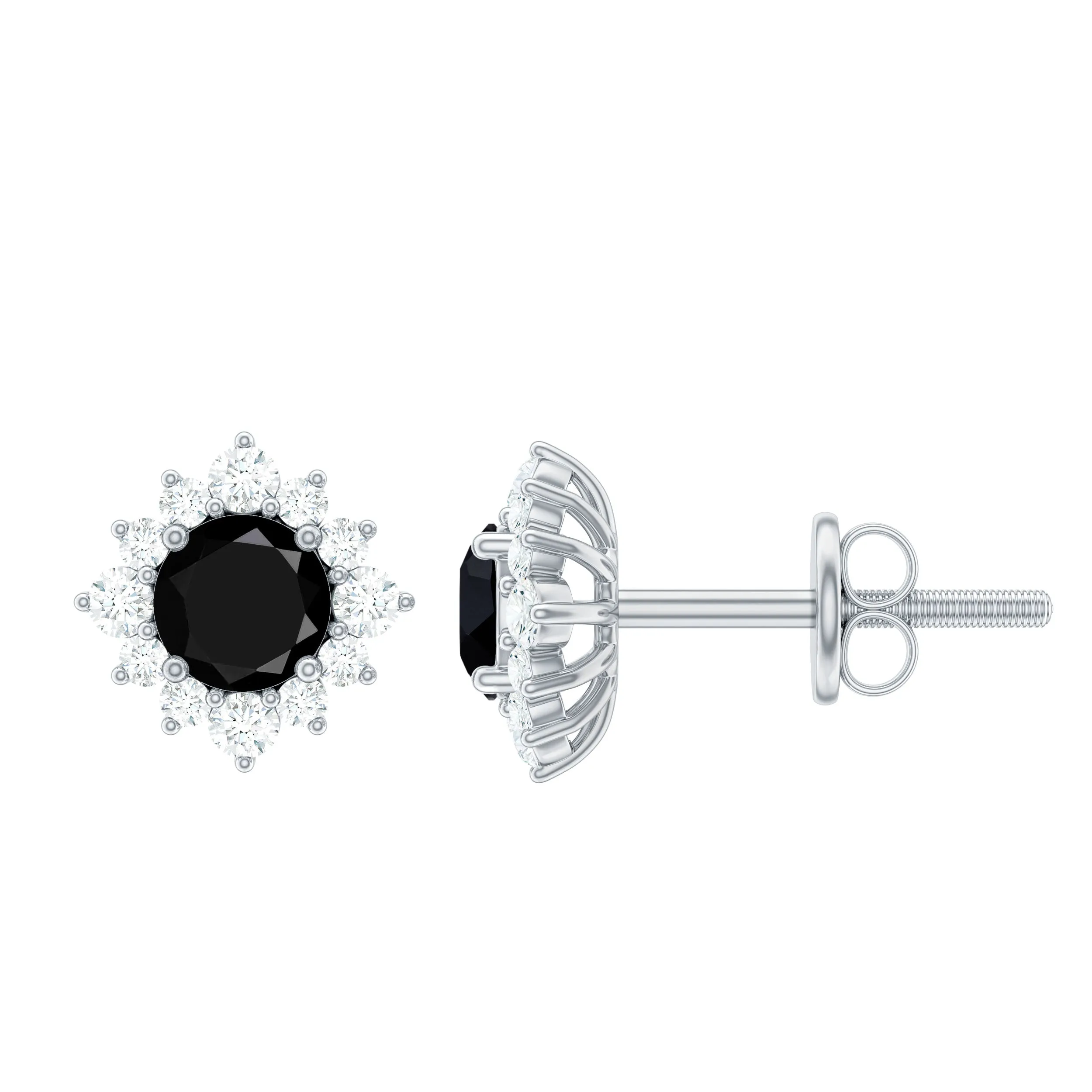 1 CT Classic Black Onyx Stud Earrings with Diamond Halo