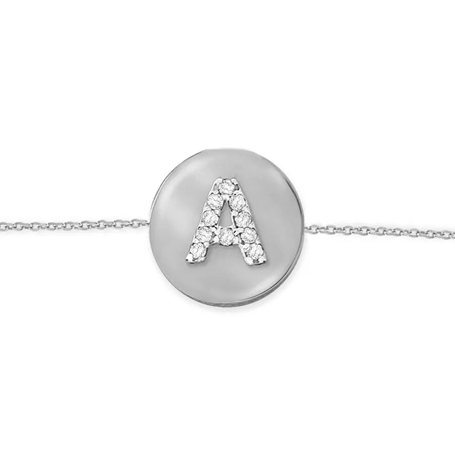 14k White Gold Diamond Initial Disc Bracelet