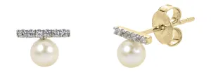 14K Yellow Gold 4-4.5mm Freshwater Pearl & Diamond Bar Stud Earrings