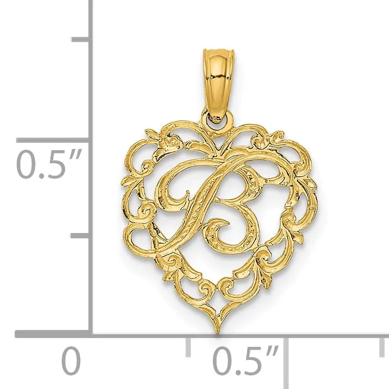 14K Yellow Gold Heart Shape Fancy Script Letter B Initial Charm Pendant