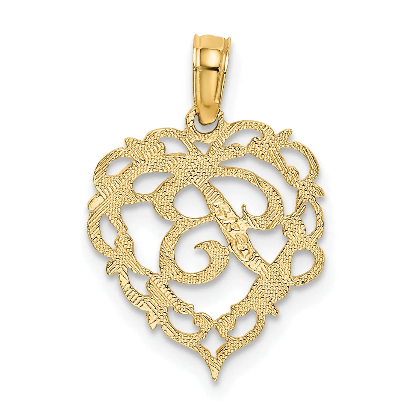 14K Yellow Gold Heart Shape Fancy Script Letter B Initial Charm Pendant