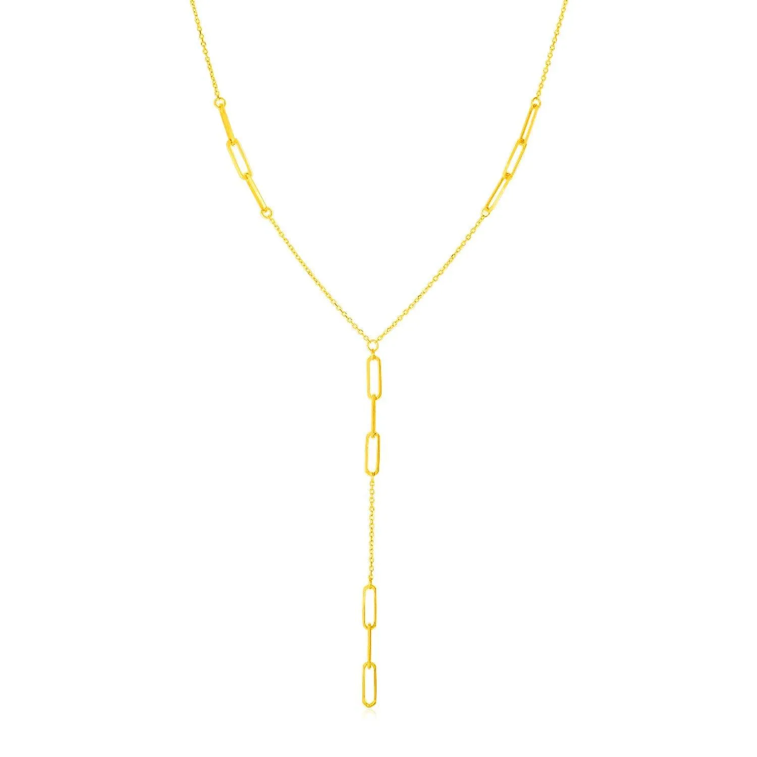 14K Yellow Gold Lariat Necklace with Paperclip Chain Stations