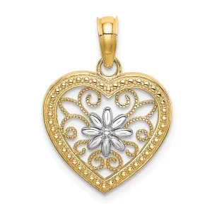 14k Yellow Gold Rhodium Textured Heart Flower Filigree Pendant