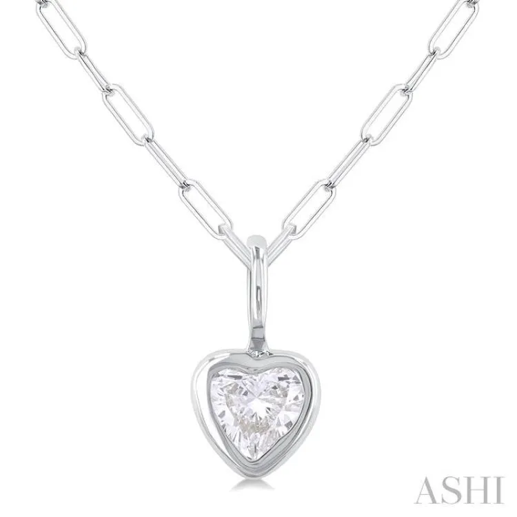 1/5 ctw Heart Shape Bezel Set Diamond Fashion Pendant With Paper Clip Chain in 14K White Gold