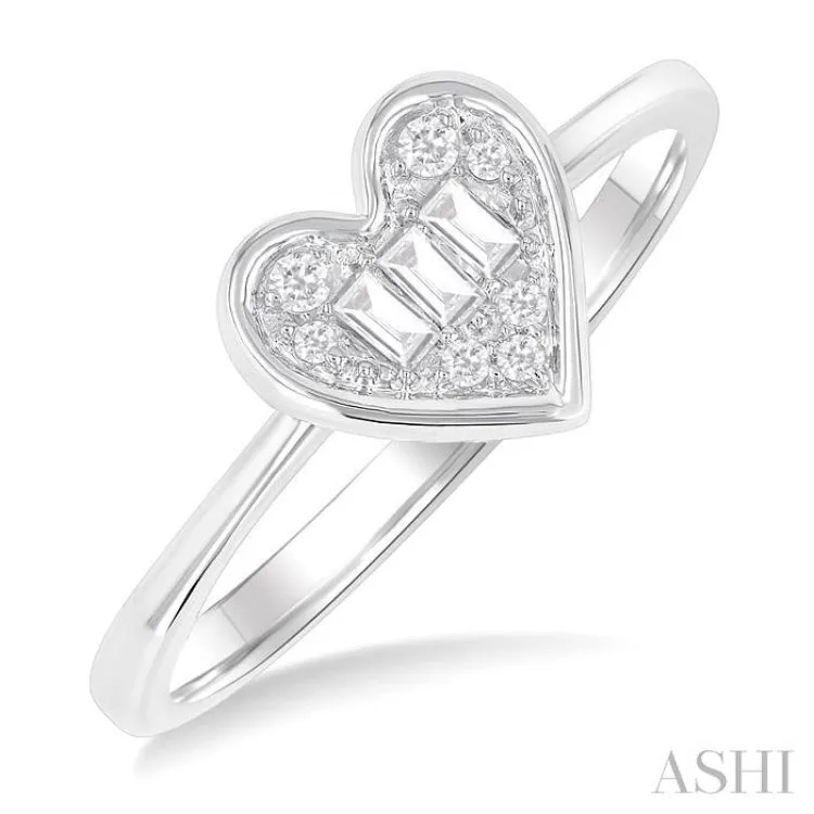 1/6 Ctw Petite Bezel Set Heart Shape Fusion Baguette and Round Cut Diamond Fashion Ring in 10K White Gold