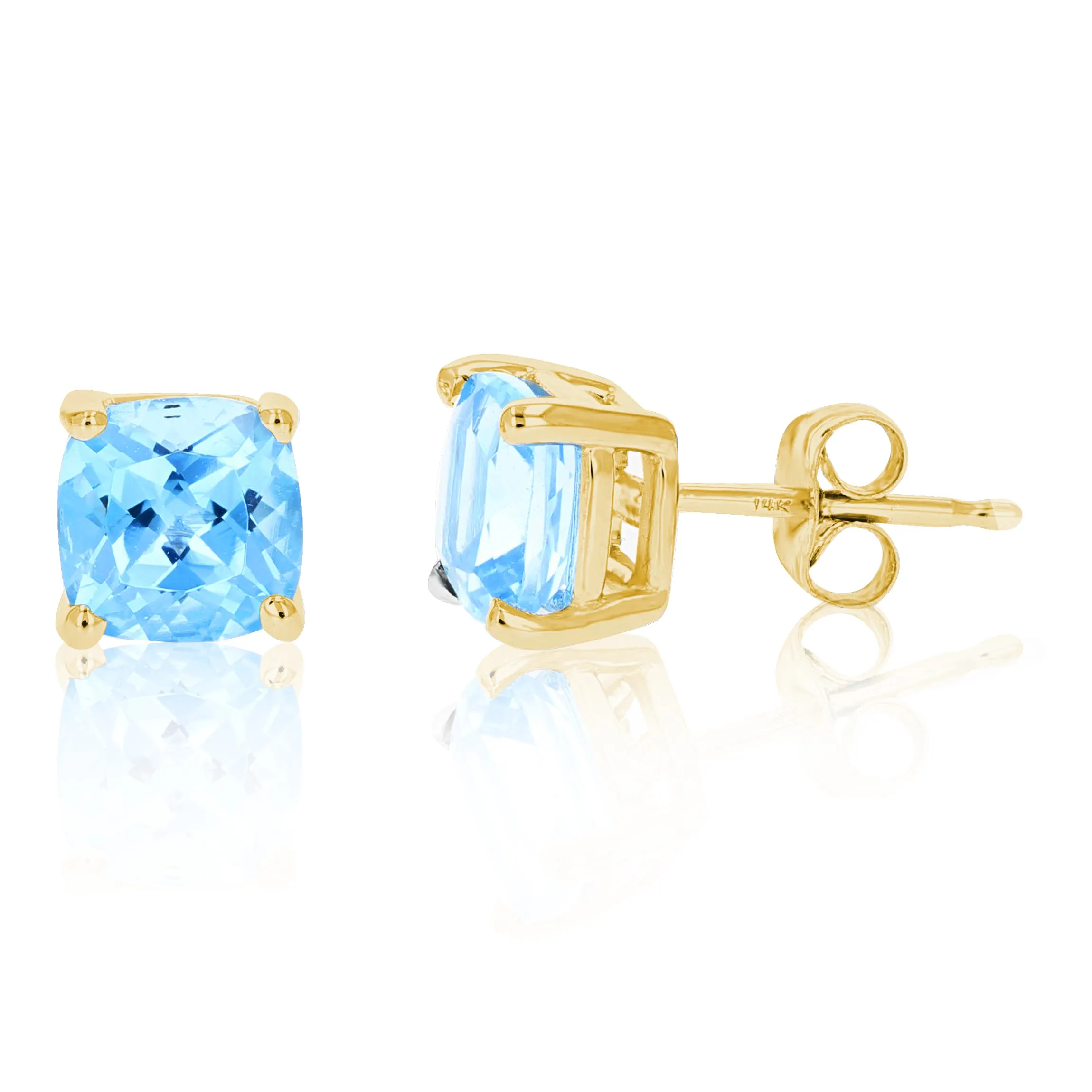 1.80 cttw 6 MM Blue Topaz Stud Earrings 14K Gold Cushion Cut with Push Backs December Birthstone