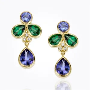 18K Drop Earrings with tsavorite, tanzanite and diamond