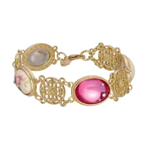 1928 Jewelry Meso Round Ceramic Rose & Pink Stone Link Bracelet