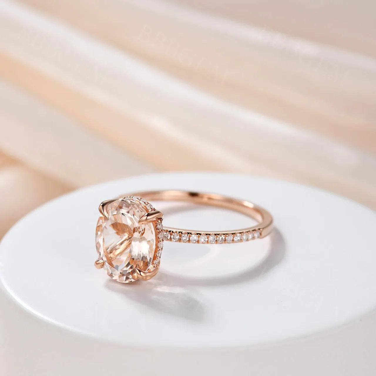 3 Carat 8x10mm Morganite Engagement Ring Diamond Halo Oval in 14K/18K Rose Gold