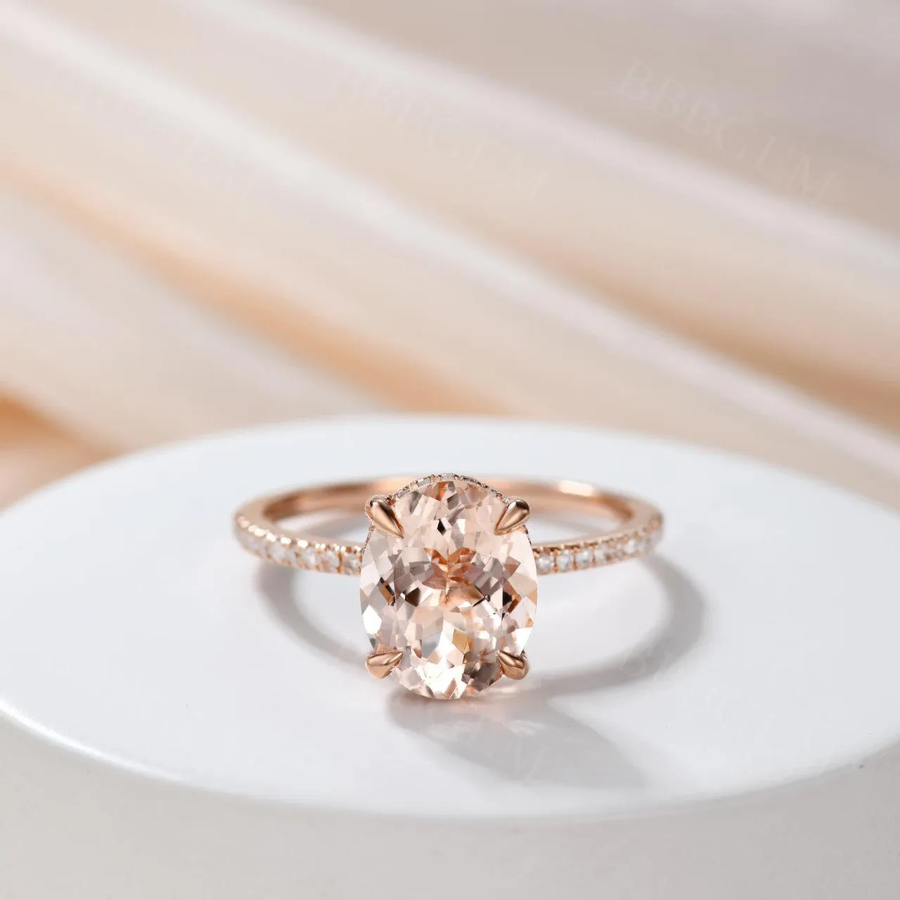 3 Carat 8x10mm Morganite Engagement Ring Diamond Halo Oval in 14K/18K Rose Gold