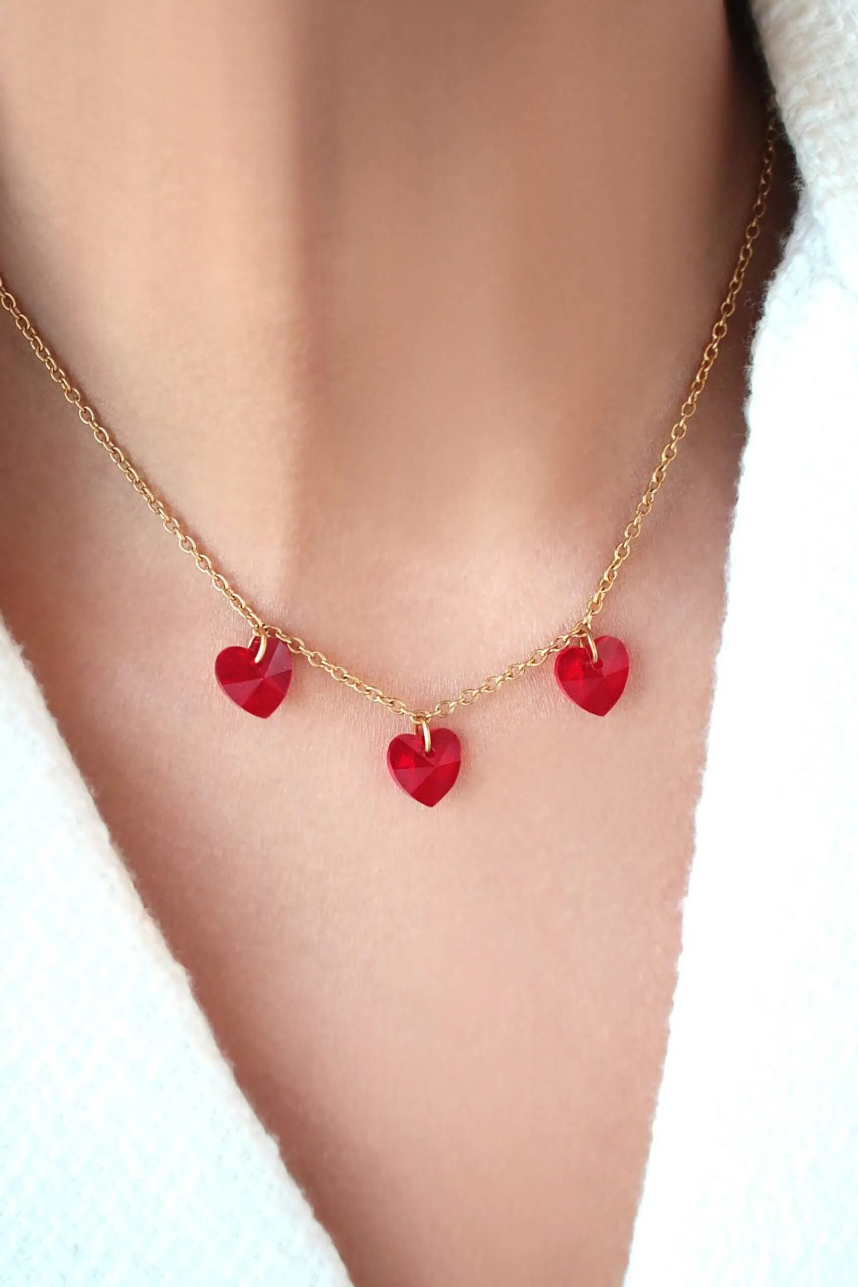 3 Red Hearts 24 Karat Gold Necklace