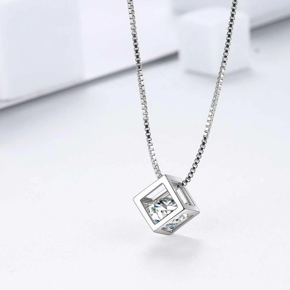 3D Cube Birthstone April Diamond Necklace Pendant Women Girls Jewelry Birthday Gift Sterling Silver