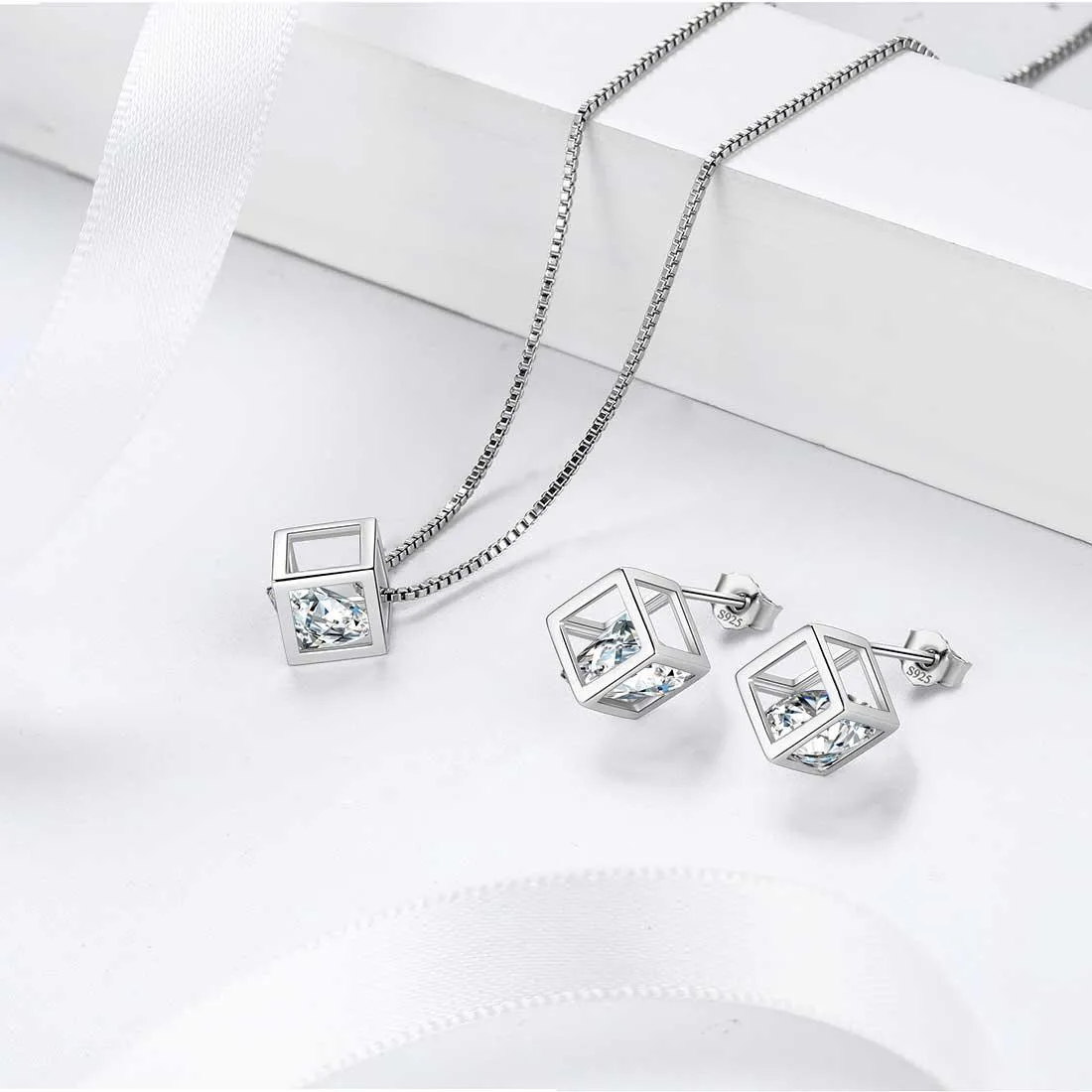 3D Cube Birthstone April Diamond Necklace Pendant Women Girls Jewelry Birthday Gift Sterling Silver