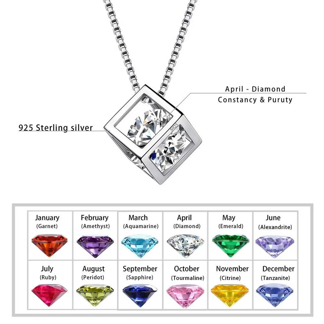 3D Cube Birthstone April Diamond Necklace Pendant Women Girls Jewelry Birthday Gift Sterling Silver