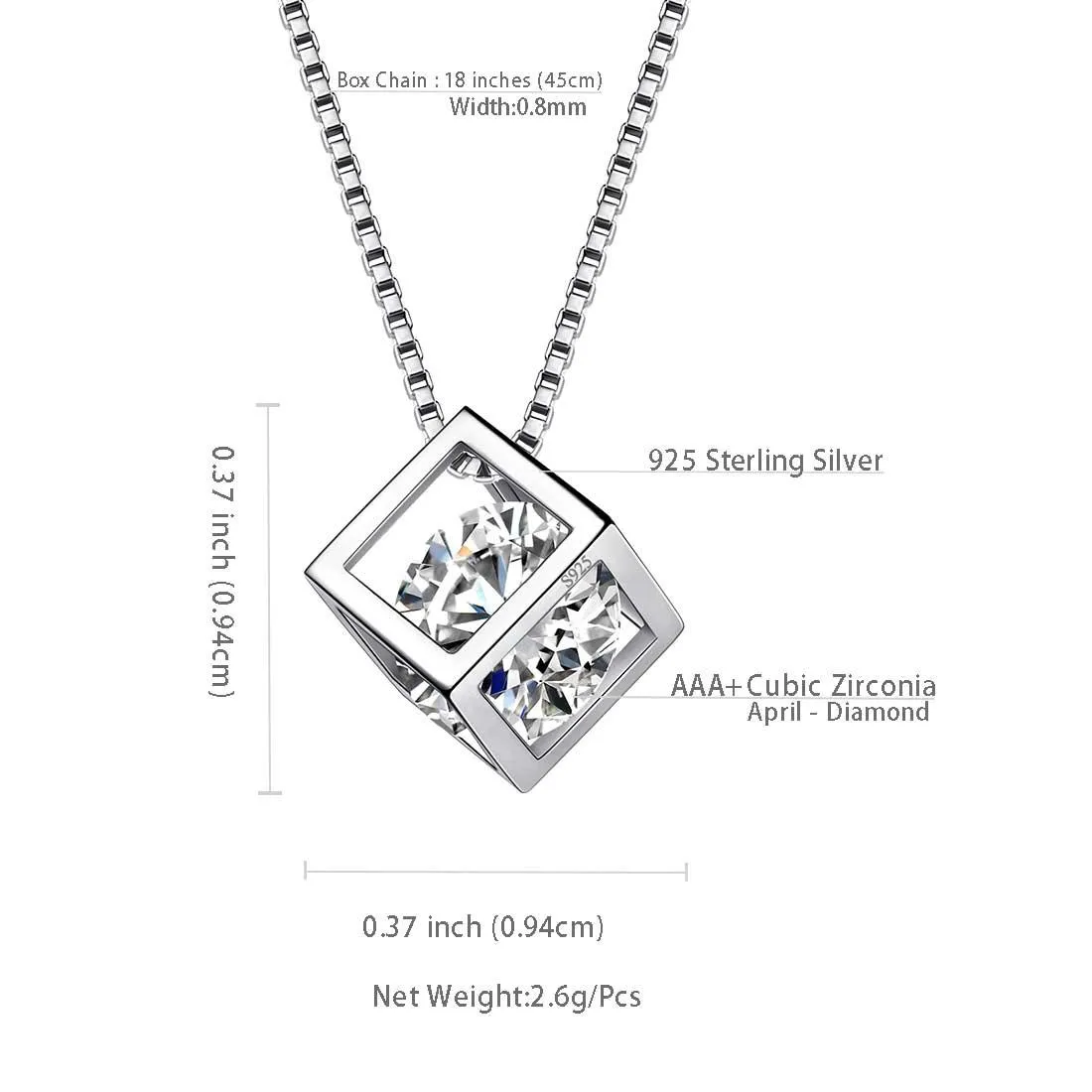 3D Cube Birthstone April Diamond Necklace Pendant Women Girls Jewelry Birthday Gift Sterling Silver