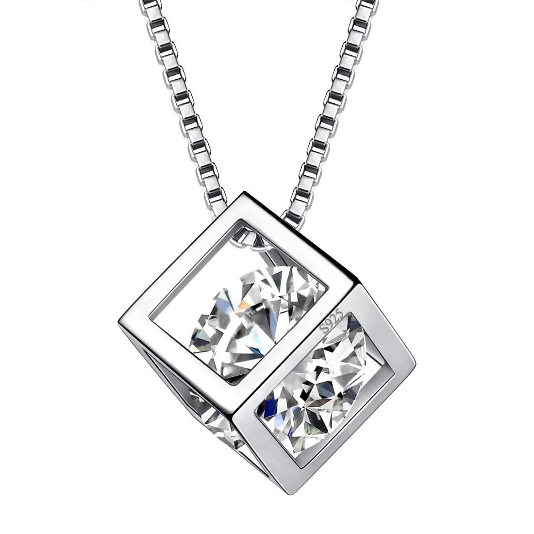 3D Cube Birthstone April Diamond Necklace Pendant Women Girls Jewelry Birthday Gift Sterling Silver