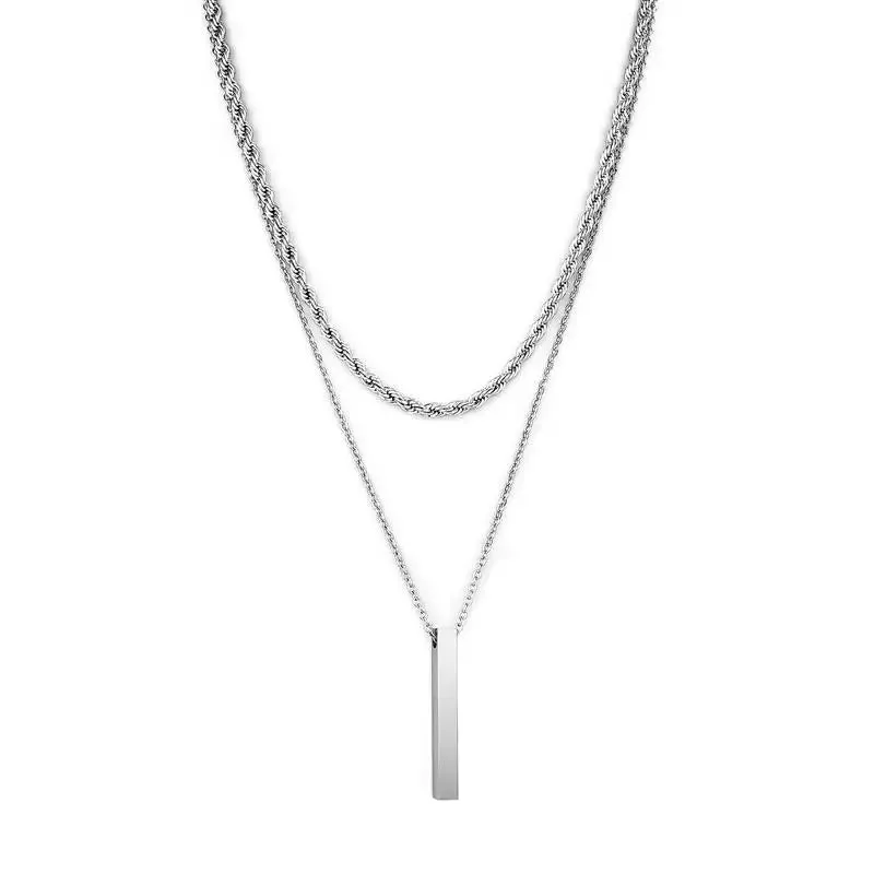 3D Vertical Bar Necklaces for Men Two Layer Stainless Steel Geometric Pendant Snake Chain Cuban Chain Fashion Necklace