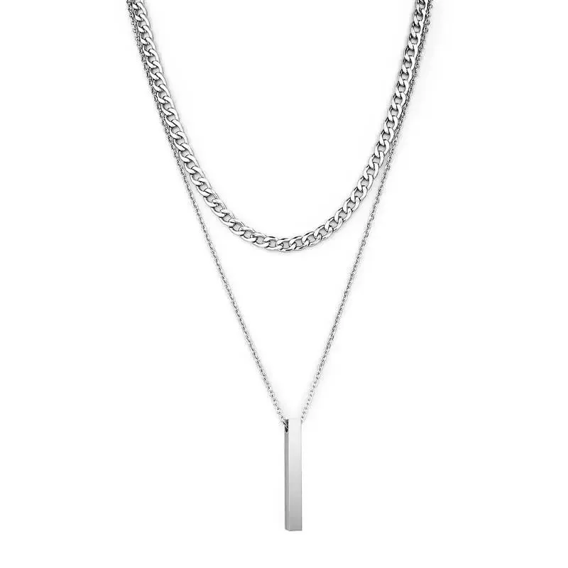 3D Vertical Bar Necklaces for Men Two Layer Stainless Steel Geometric Pendant Snake Chain Cuban Chain Fashion Necklace