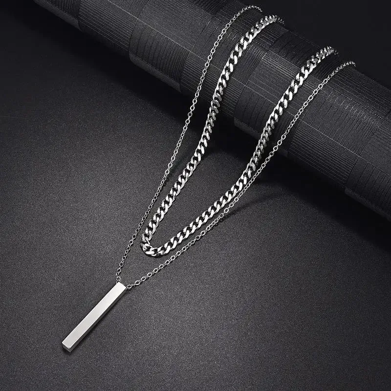 3D Vertical Bar Necklaces for Men Two Layer Stainless Steel Geometric Pendant Snake Chain Cuban Chain Fashion Necklace