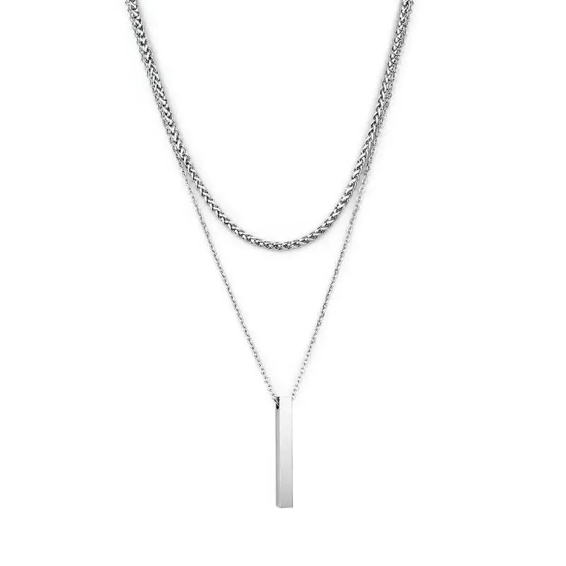 3D Vertical Bar Necklaces for Men Two Layer Stainless Steel Geometric Pendant Snake Chain Cuban Chain Fashion Necklace