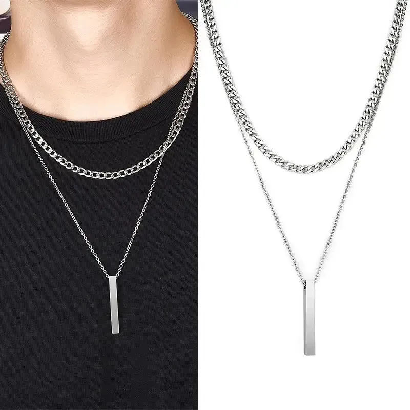 3D Vertical Bar Necklaces for Men Two Layer Stainless Steel Geometric Pendant Snake Chain Cuban Chain Fashion Necklace