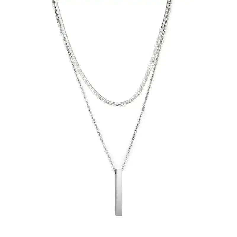 3D Vertical Bar Necklaces for Men Two Layer Stainless Steel Geometric Pendant Snake Chain Cuban Chain Fashion Necklace