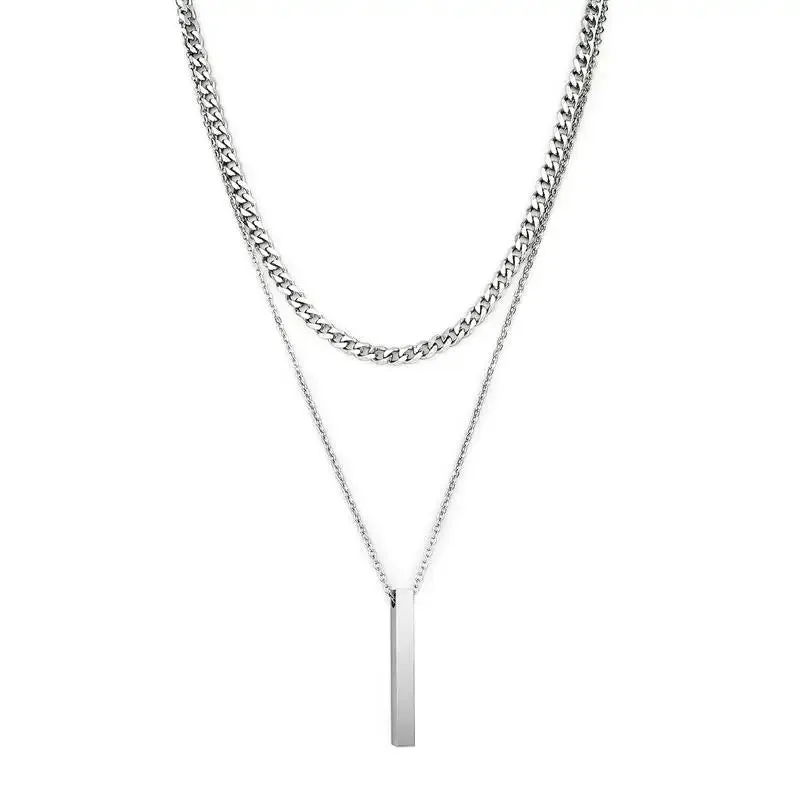 3D Vertical Bar Necklaces for Men Two Layer Stainless Steel Geometric Pendant Snake Chain Cuban Chain Fashion Necklace