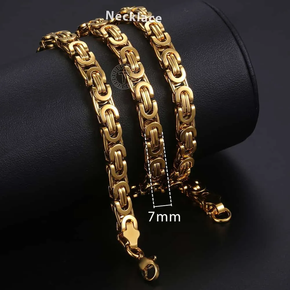 7mm High quality Flat Byzantine Link Necklace For Men's Boys Gold Color