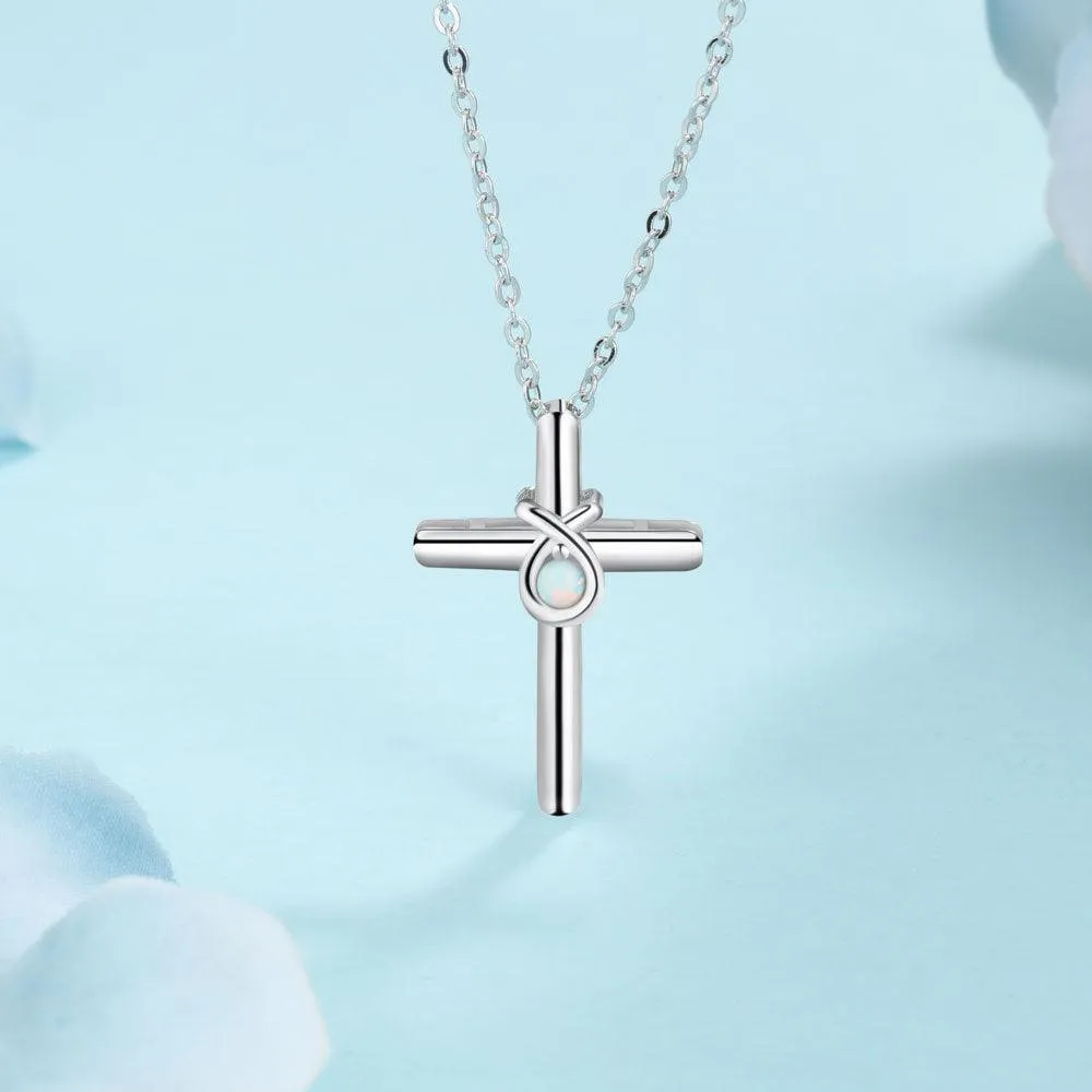 925 Sterling Silver Cross Shape with White Opal Stone Pendant Necklaces for Women