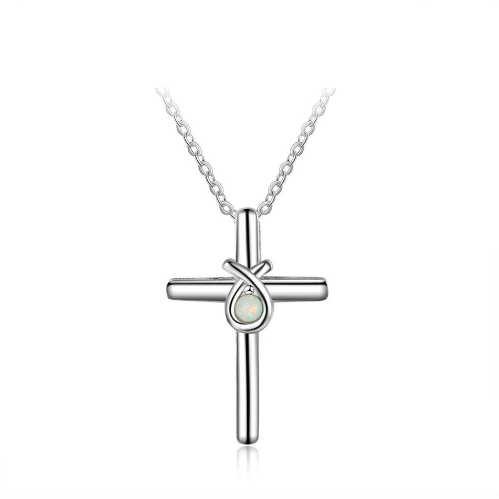 925 Sterling Silver Cross Shape with White Opal Stone Pendant Necklaces for Women