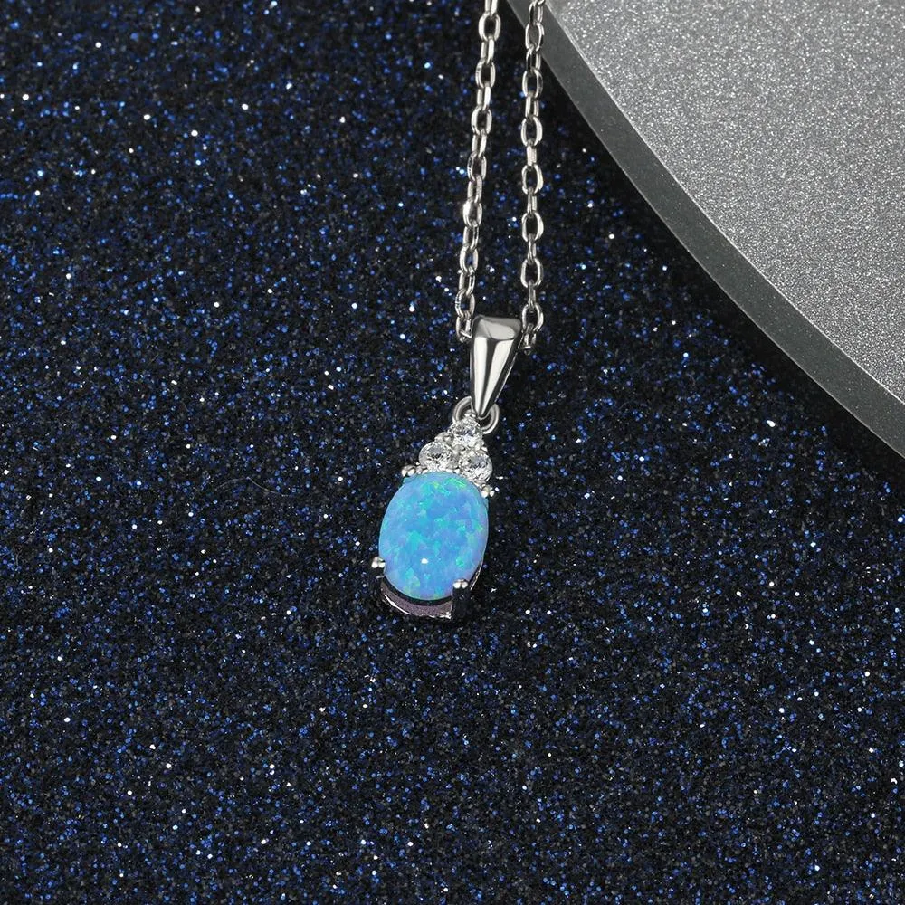 925 Sterling Silver Jewelry Necklace with Oval Blue Opal Stone Pendant