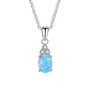 925 Sterling Silver Jewelry Necklace with Oval Blue Opal Stone Pendant