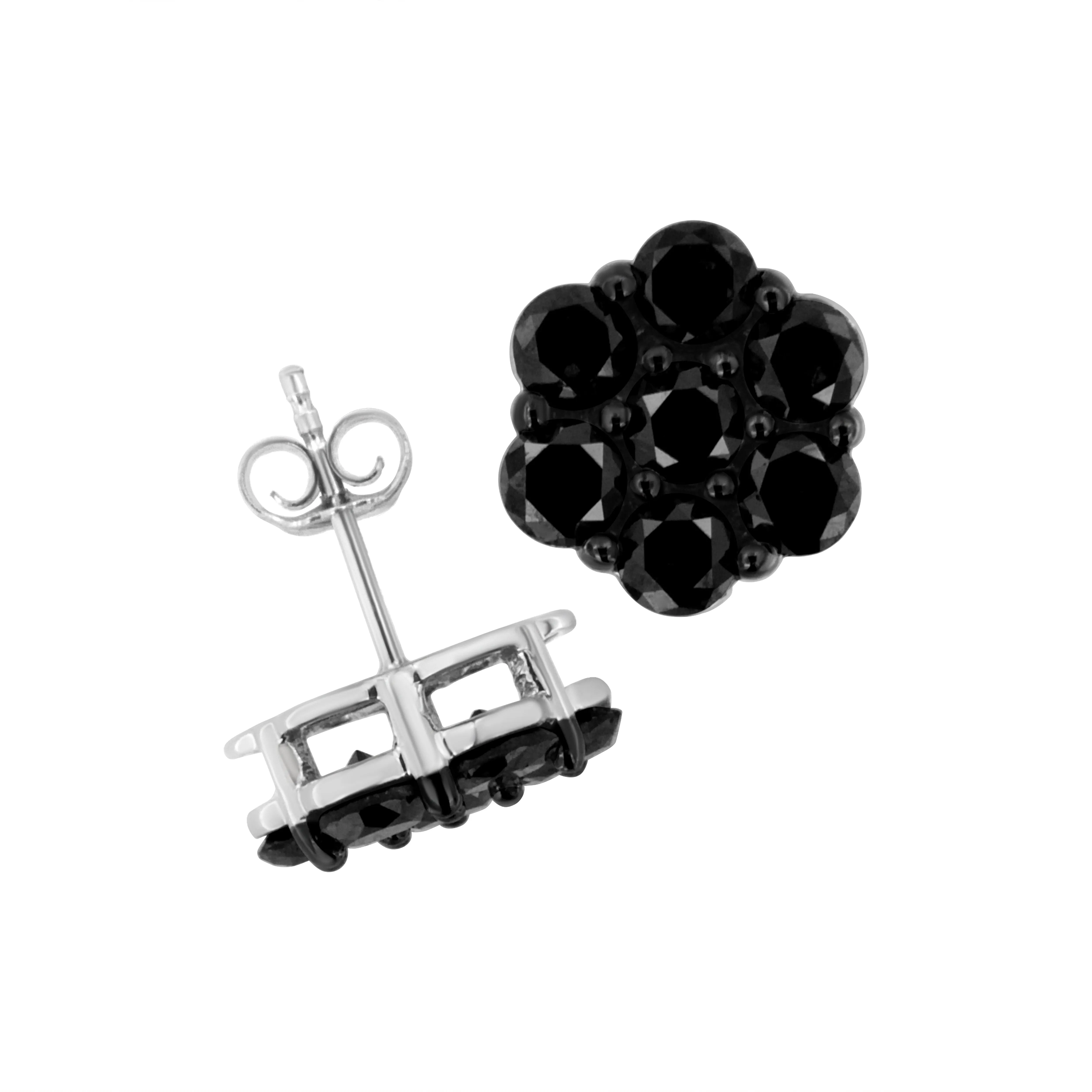 .925 Sterling Silver  Prong Set Round-Cut Treated Colored Diamond Floral Cluster Stud Earring