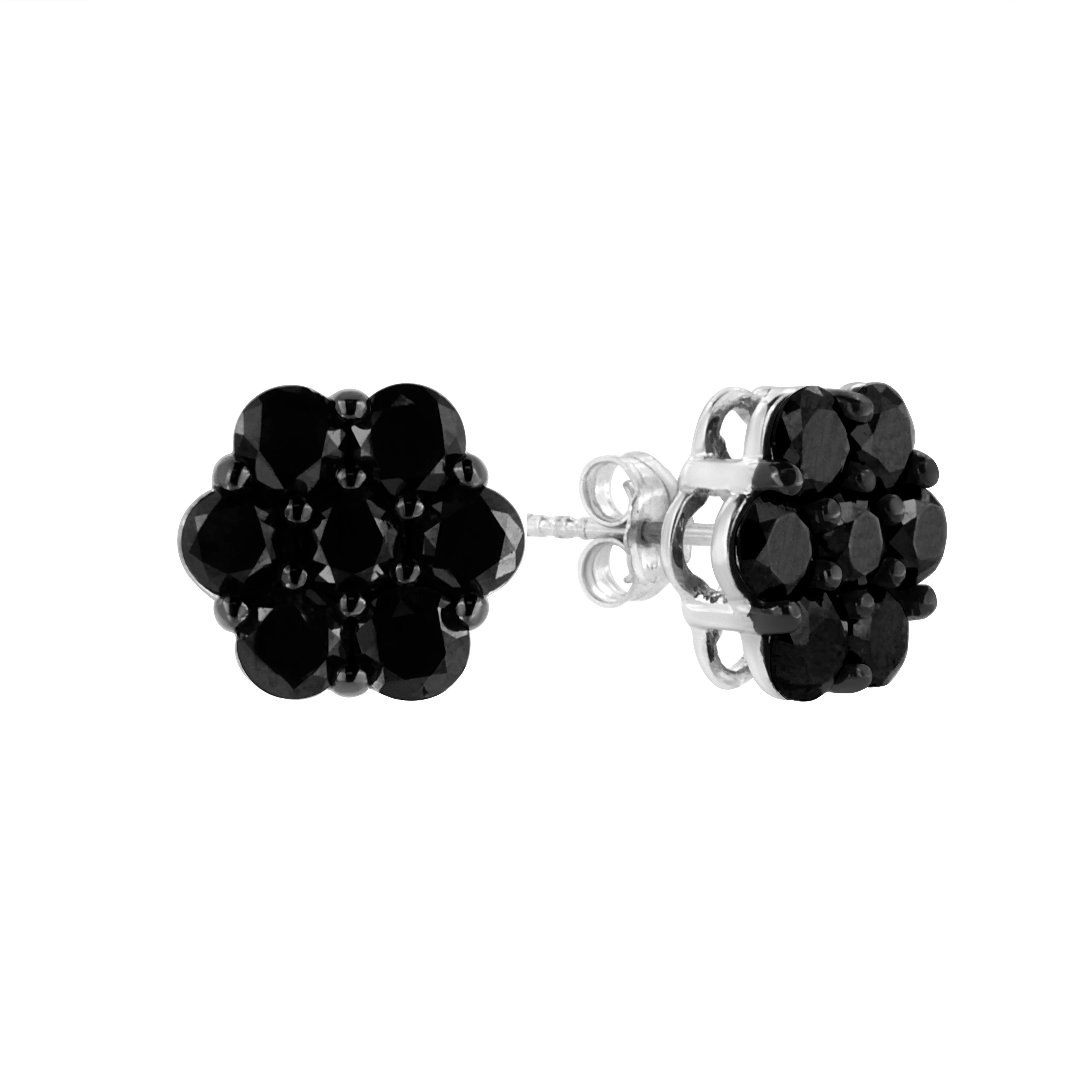 .925 Sterling Silver  Prong Set Round-Cut Treated Colored Diamond Floral Cluster Stud Earring