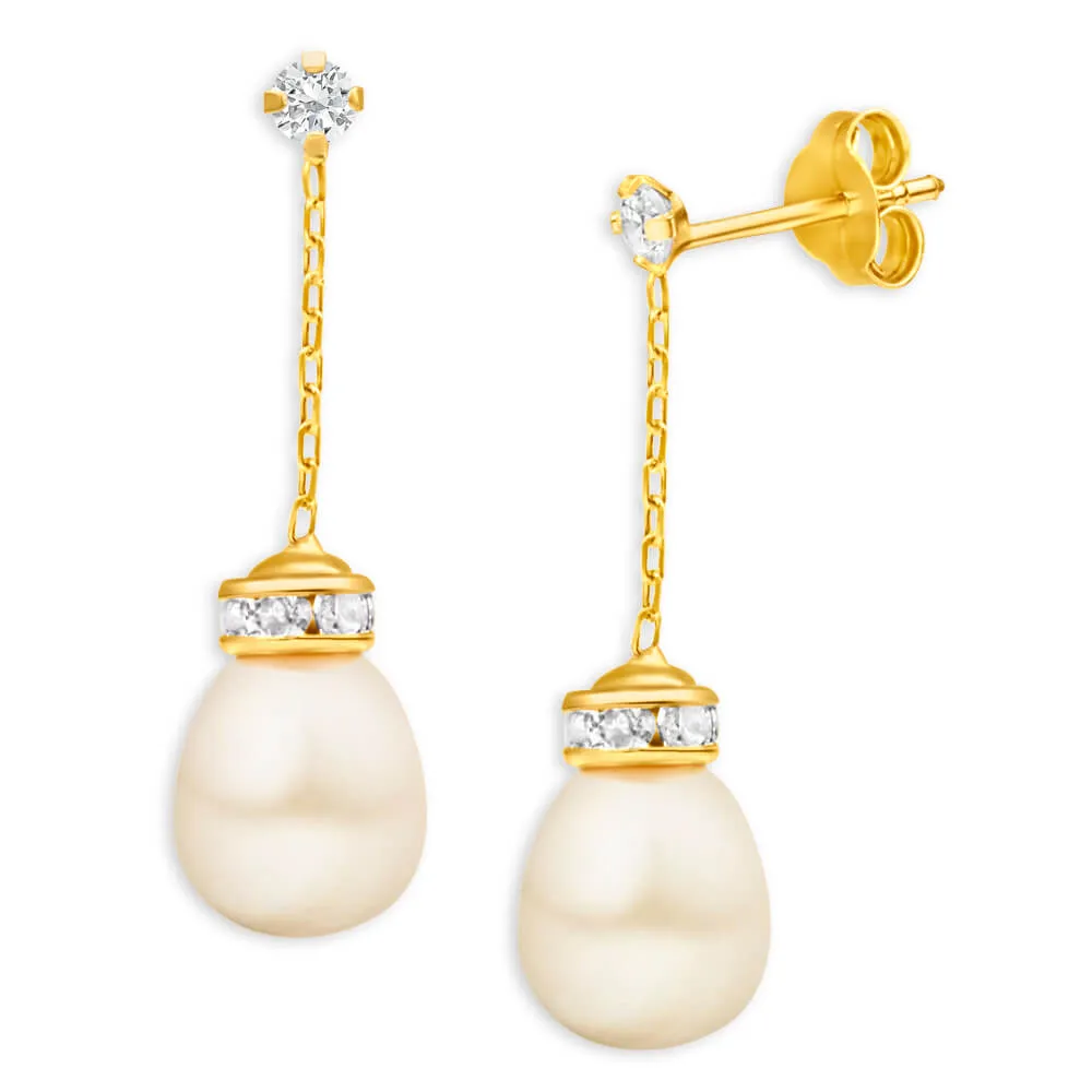 9ct Elegant Yellow Gold Cubic Zirconia   Pearl Drop Earrings