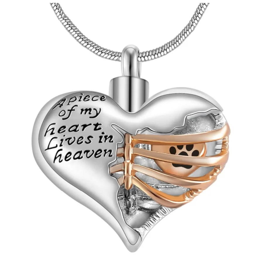 A piece of my heart lives in heaven Two Tone Locket Heart cremation memorial ashes urn necklace jewelry keepsake pendant