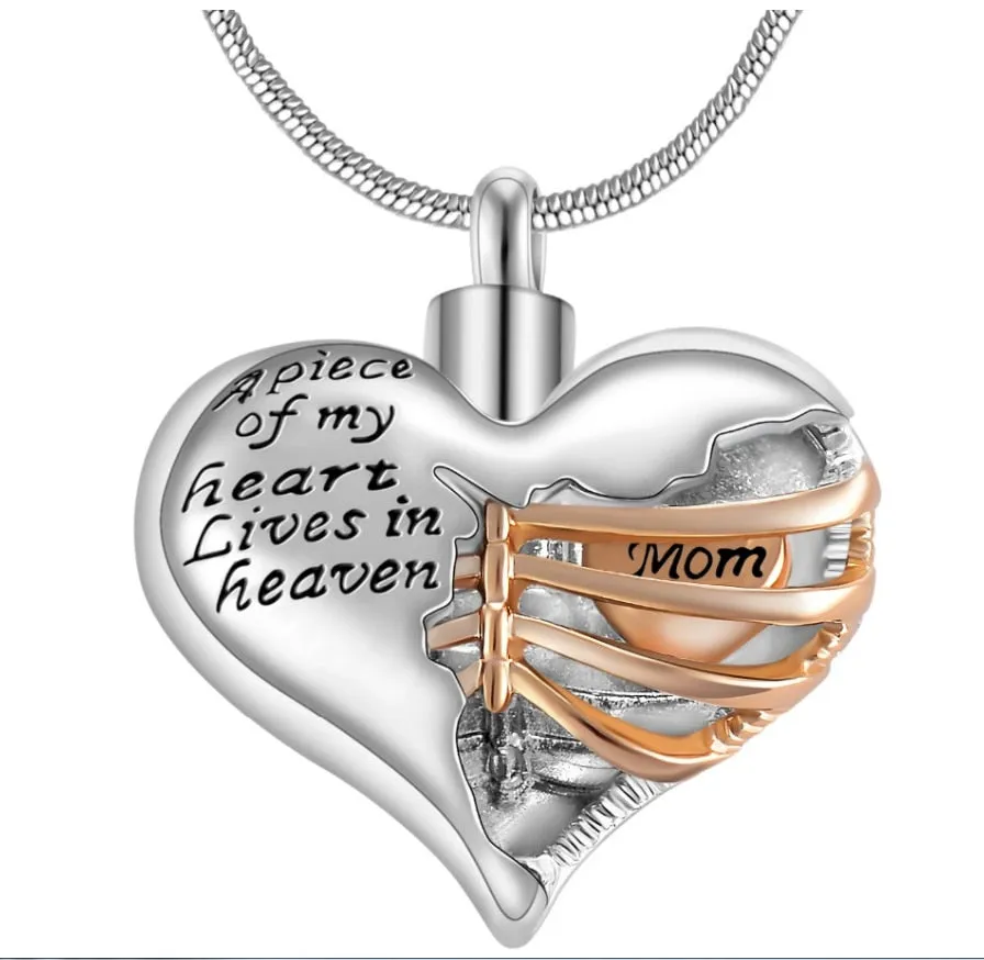 A piece of my heart lives in heaven Two Tone Locket Heart cremation memorial ashes urn necklace jewelry keepsake pendant