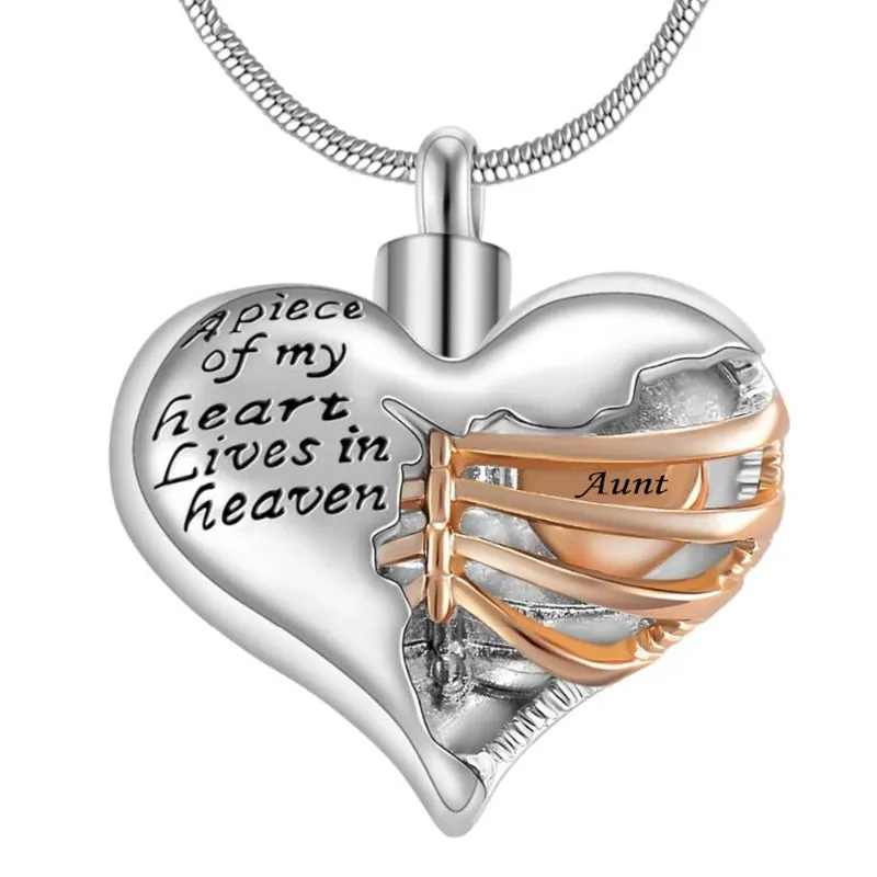 A piece of my heart lives in heaven Two Tone Locket Heart cremation memorial ashes urn necklace jewelry keepsake pendant