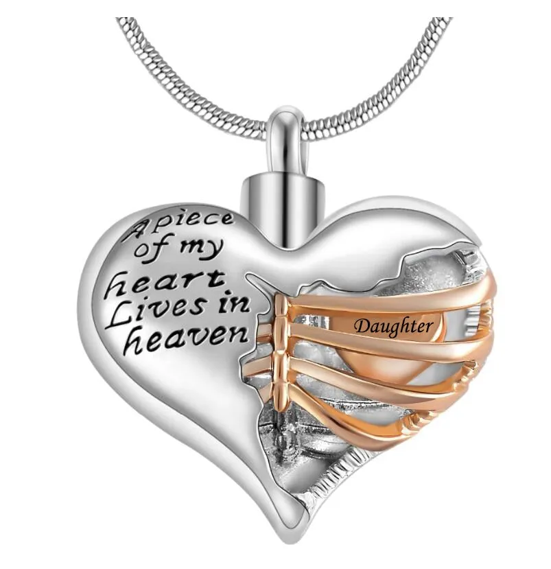 A piece of my heart lives in heaven Two Tone Locket Heart cremation memorial ashes urn necklace jewelry keepsake pendant