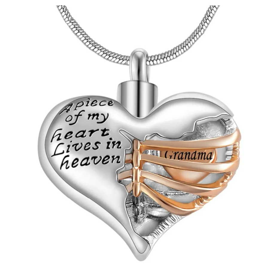 A piece of my heart lives in heaven Two Tone Locket Heart cremation memorial ashes urn necklace jewelry keepsake pendant