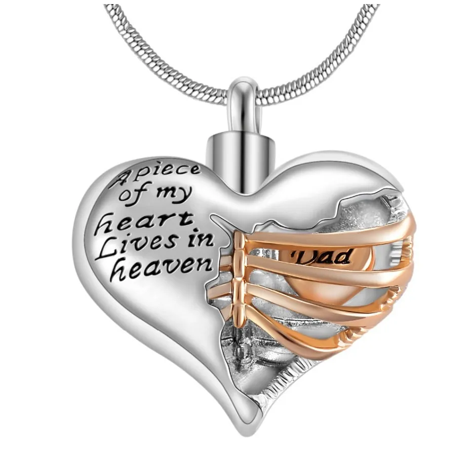 A piece of my heart lives in heaven Two Tone Locket Heart cremation memorial ashes urn necklace jewelry keepsake pendant