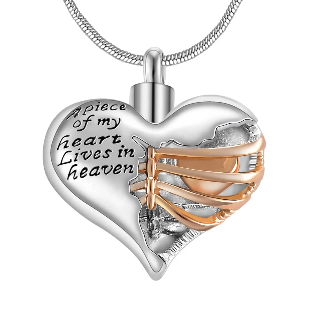 A piece of my heart lives in heaven Two Tone Locket Heart cremation memorial ashes urn necklace jewelry keepsake pendant