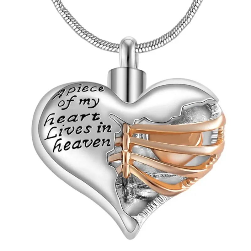 A piece of my heart lives in heaven Two Tone Locket Heart cremation memorial ashes urn necklace jewelry keepsake pendant