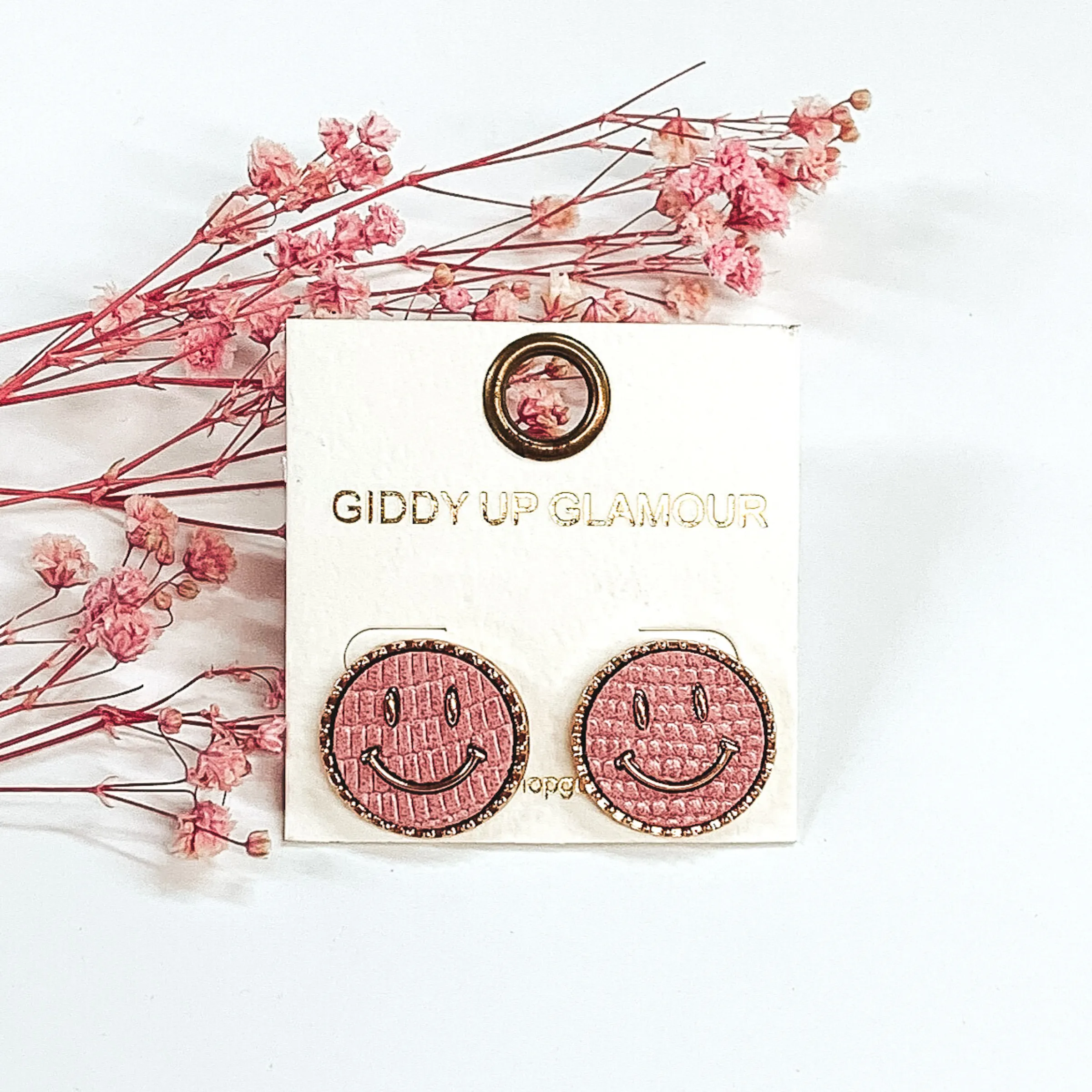 Animal Print Circle Happy Face Earrings in Pink