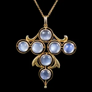 Antique Arts And Crafts Moonstone Cross Pendant Necklace 9Ct Gold Circa 1900