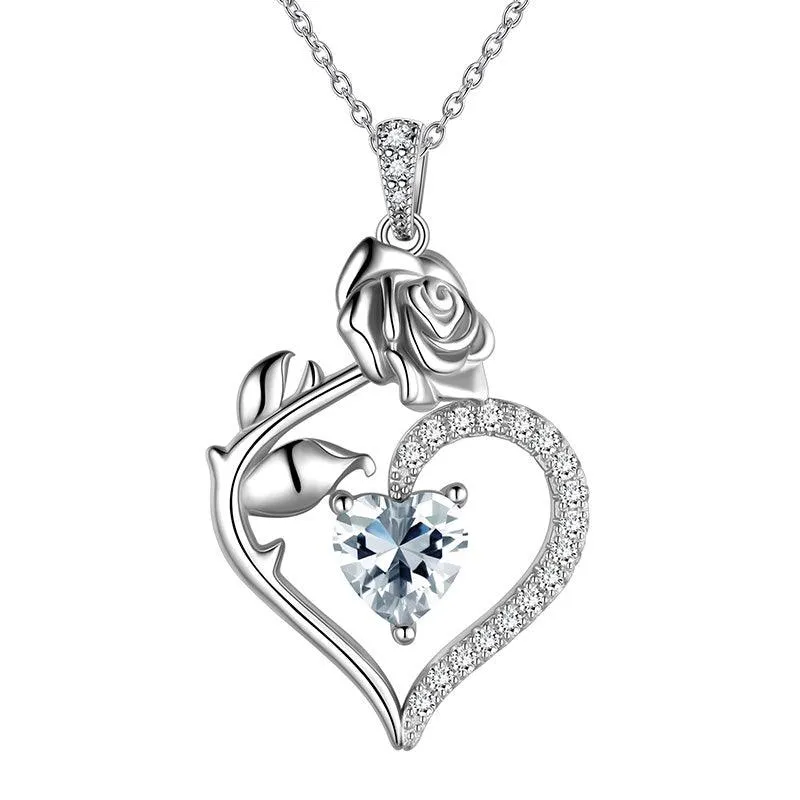 April Diamond Necklace Women Heart Birthstone Pendant Flower Rose Jewelry Birthday Gifts