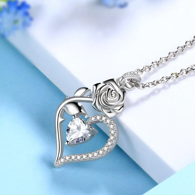 April Diamond Necklace Women Heart Birthstone Pendant Flower Rose Jewelry Birthday Gifts