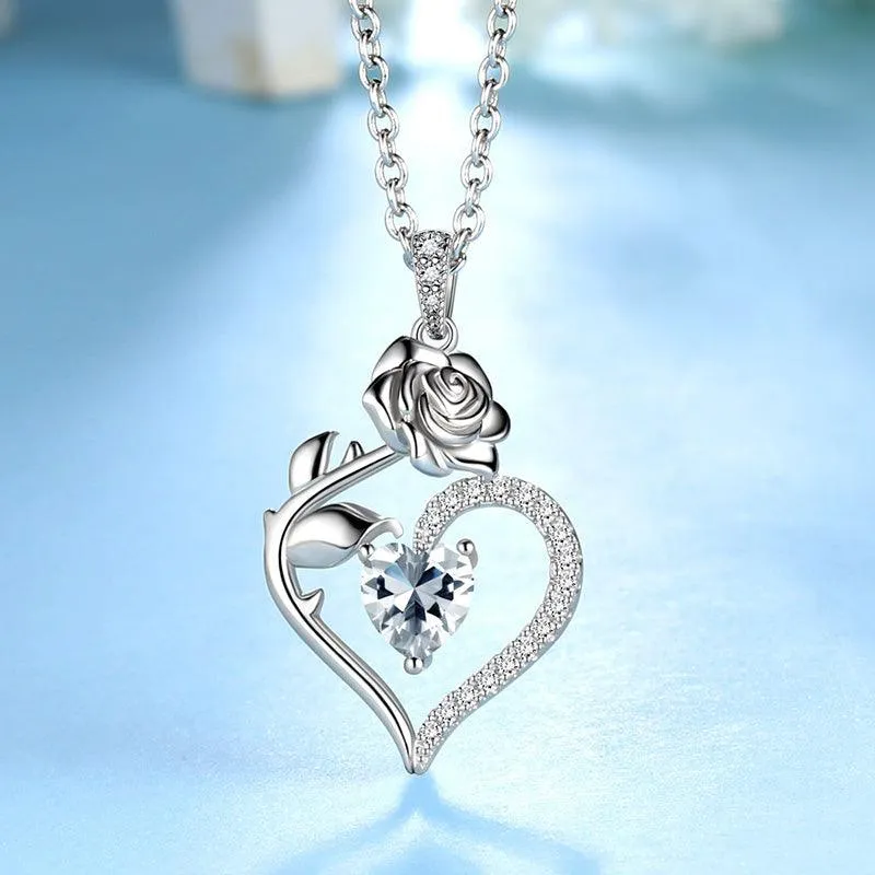 April Diamond Necklace Women Heart Birthstone Pendant Flower Rose Jewelry Birthday Gifts