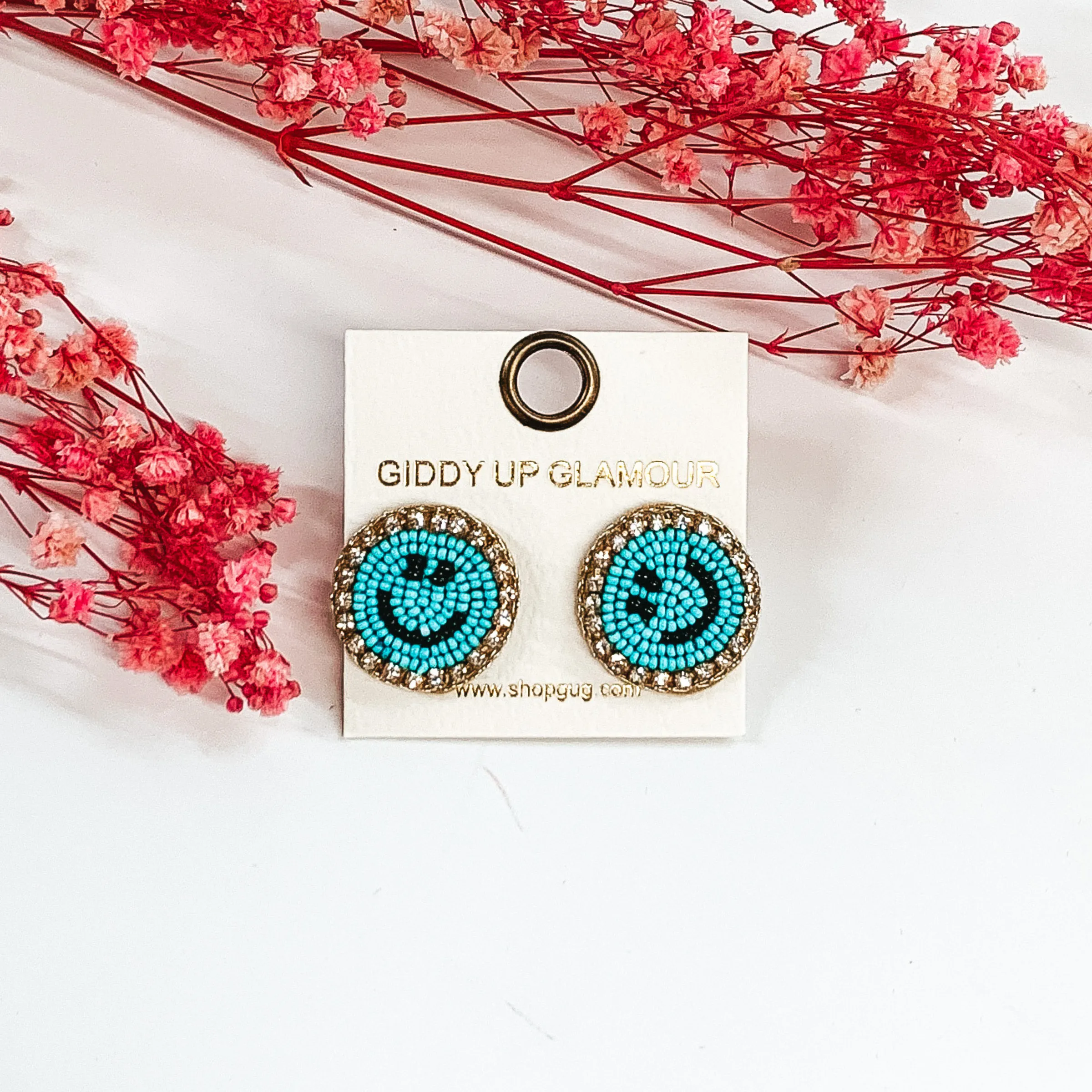 Beaded Happy Face Circle Stud Earrings with Crystal Outline in Aqua