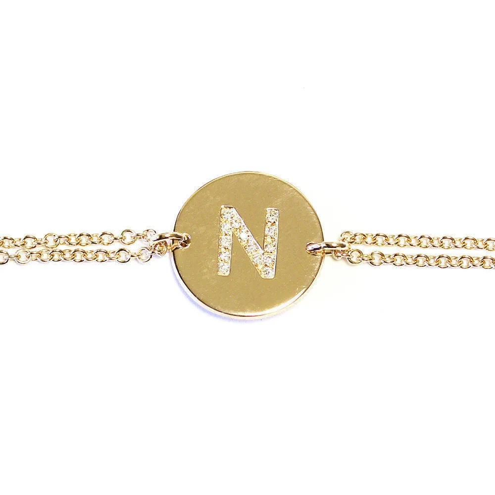 Big Disc Diamond Initial Personalized Gold ID Bracelet